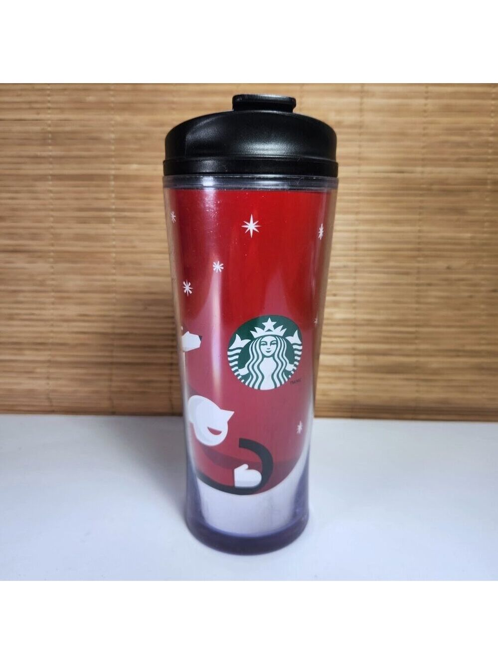 Starbucks 2011 Travel Tumbler Cup Holiday Snow Fun Christmas Dog and Snowflakes